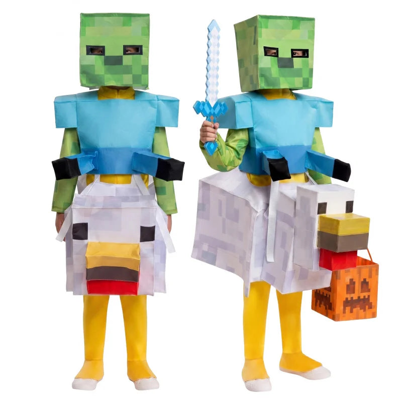 Halloween Jockey Costume, Pixel Block Chicken JockeyStyle Game Role Play Outfit, Funny Stage Performance Clothes For Boys Party 1