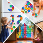 Magnetic building tiles set by For Full Fun, includes 50, 66, or 110 pieces, featuring colorful geometric shapes for creative play.