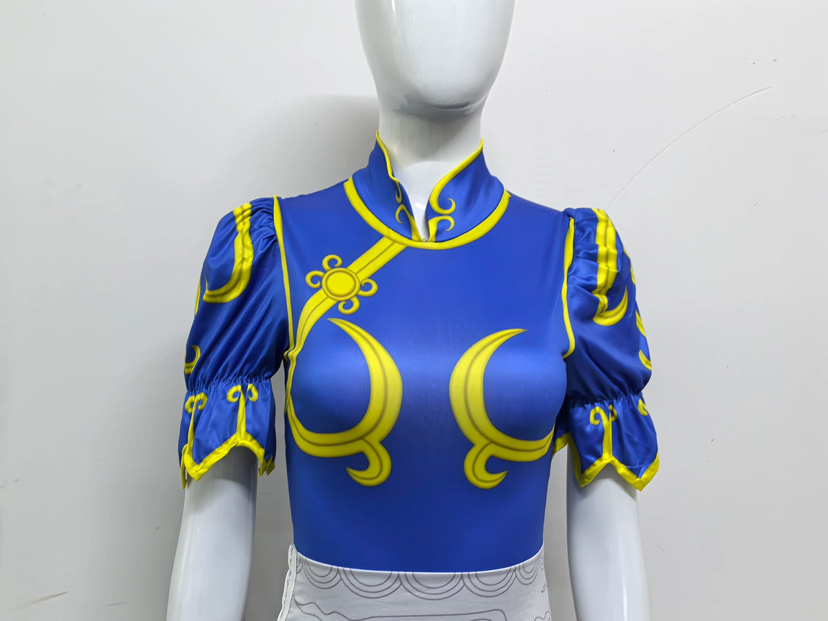 Women's Street Fighter Chun Li Cosplay Costume Game Fighter Chunli Blue Cheongsam with Headdress and Waistband Halloween Costume 6