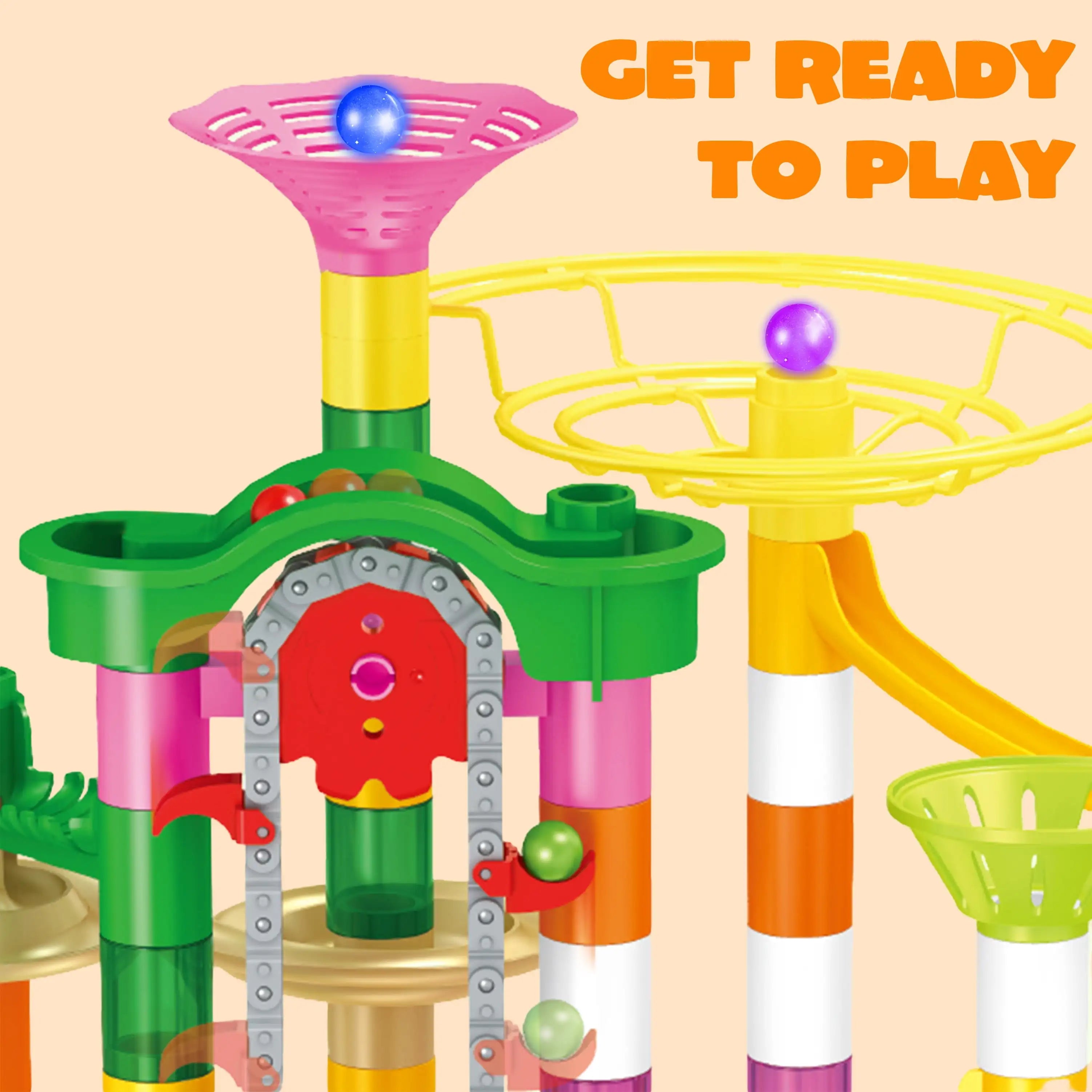 Colorful 236-piece glowing marble run with motorized elevator by For Full Fun, featuring vibrant marbles and intricate track design.