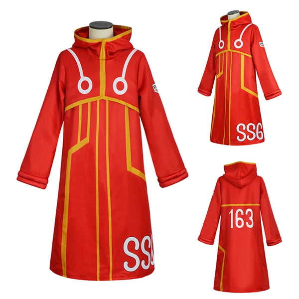 Red Luffy hooded robe cosplay costume shown front and back with straw hat, necklace and gloves