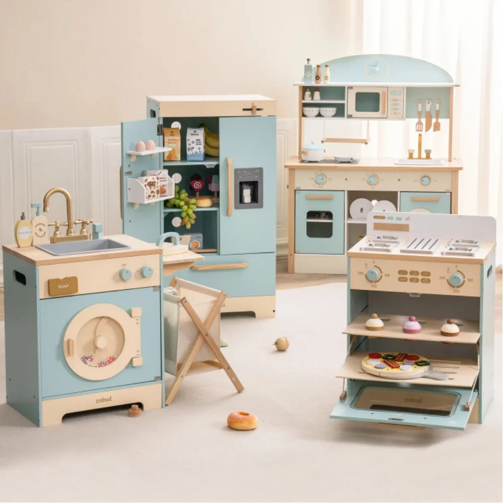 For Full Fun-Wooden Kitchen Playset for Kids Age 3+ | Kitchen Washer, Fridge & Oven – Blue-
