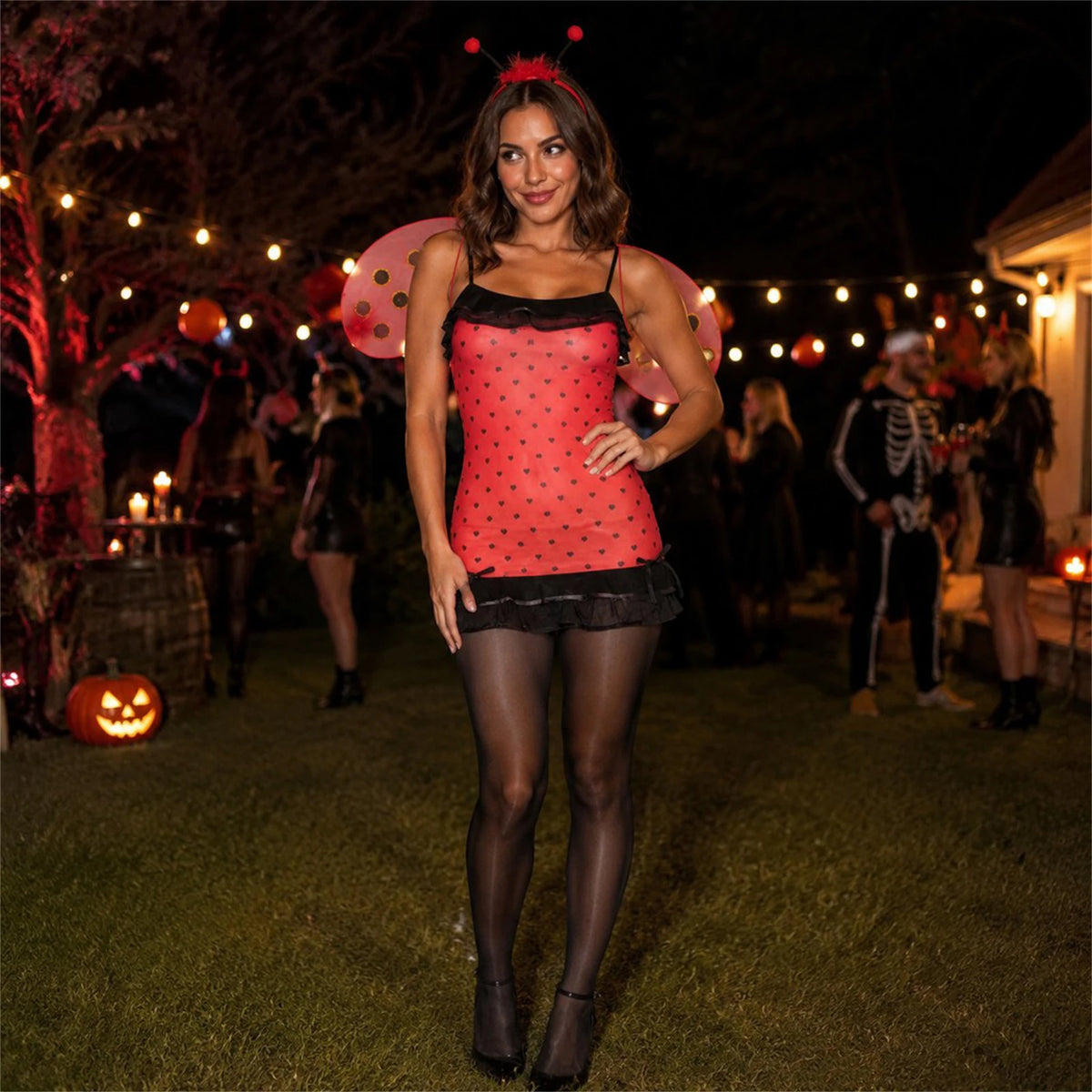 Women Ladybug Halloween Costume Bee Cosplay Outfit Dress with Wing Sets 4
