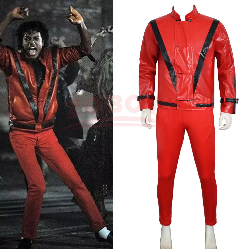 Michael Jackson Cosplay Red Faux Leather Costume Halloween Party Stage Performance Role Play Full Outfit 1