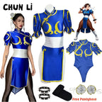 Women's Street Fighter Chun Li Cosplay Costume Game Fighter Chunli Blue Cheongsam with Headdress and Waistband Halloween Costume 1