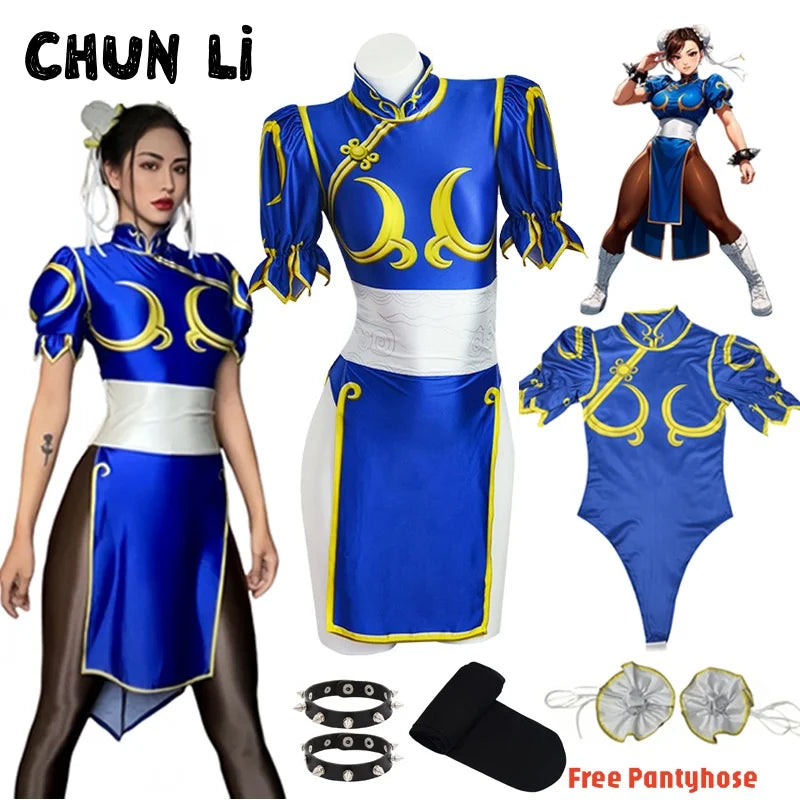 Women's Street Fighter Chun Li Cosplay Costume Game Fighter Chunli Blue Cheongsam with Headdress and Waistband Halloween Costume 1