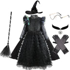 Halloween Witch Elphaba Costume Kids Purim Fantasy Outfits Girls Fancy Sets Children Long Sleeve Lace Ruffles Black Party Gown 7