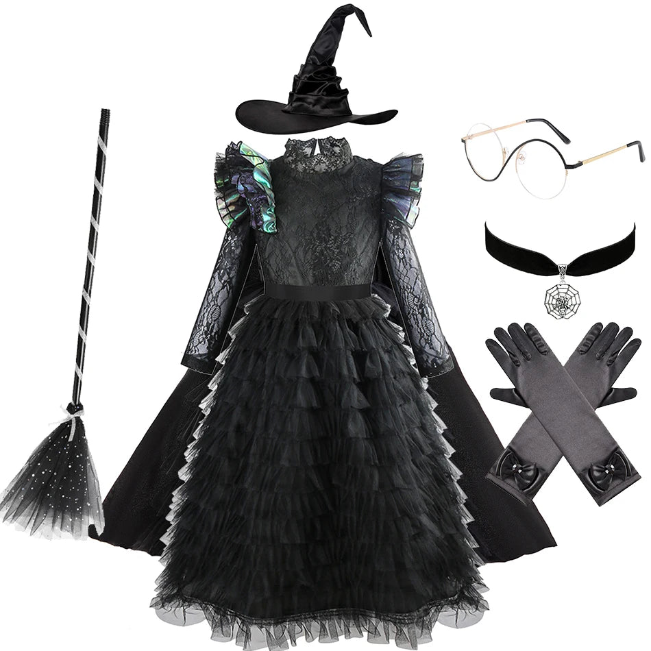 Halloween Witch Elphaba Costume Kids Purim Fantasy Outfits Girls Fancy Sets Children Long Sleeve Lace Ruffles Black Party Gown 7