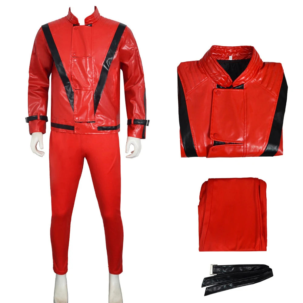 Michael Jackson Cosplay Red Faux Leather Costume Halloween Party Stage Performance Role Play Full Outfit 8