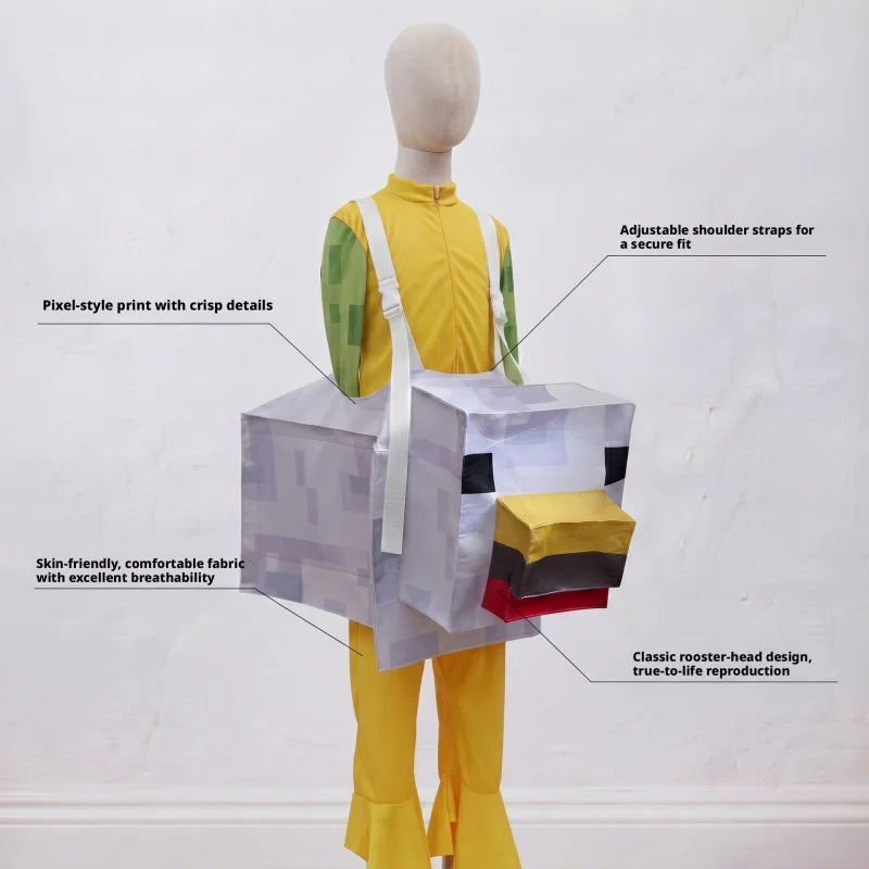 Halloween Jockey Costume, Pixel Block Chicken JockeyStyle Game Role Play Outfit, Funny Stage Performance Clothes For Boys Party 2