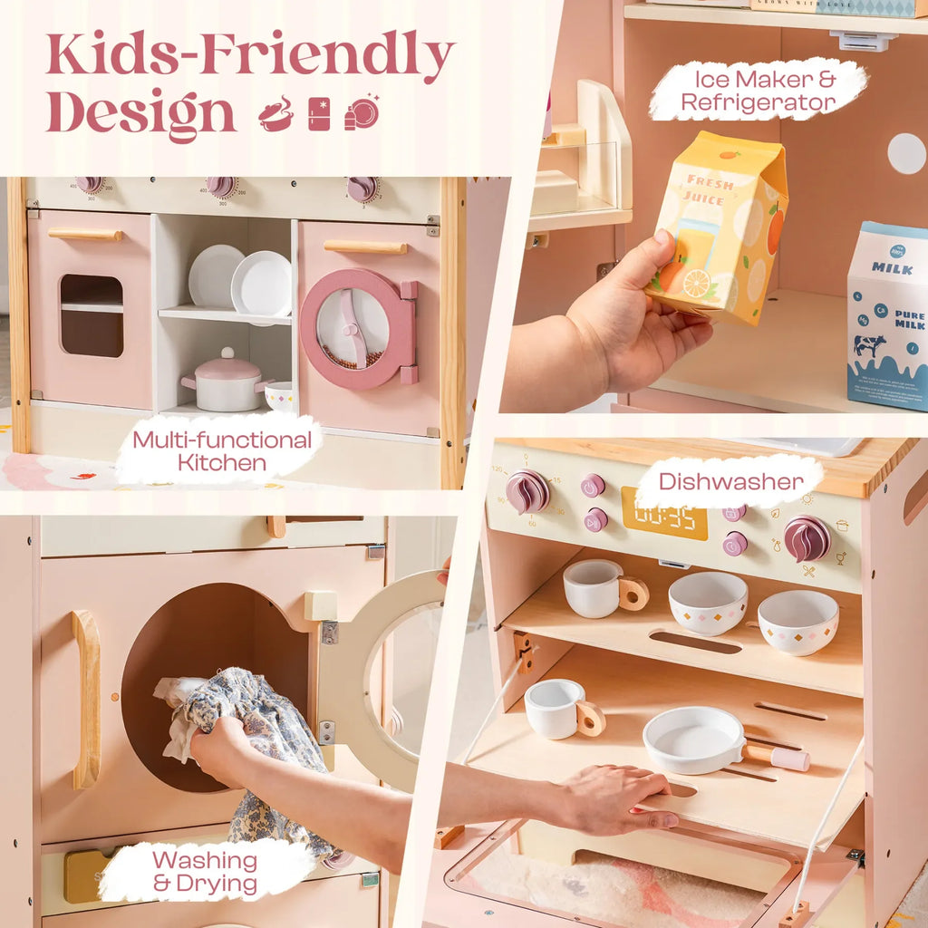 For Full Fun-Kids Corner Wooden Play Kitchen Set with Realistic Sound – Pretend Cooking Toy for Boys & Girls-