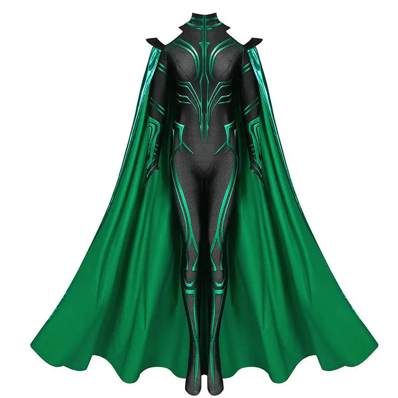 Hela Jumpsuit Cosplay Costume 3D Long Sleeve Green Bodysuit Halloween Masquerade Party Costume for Adult Women 1