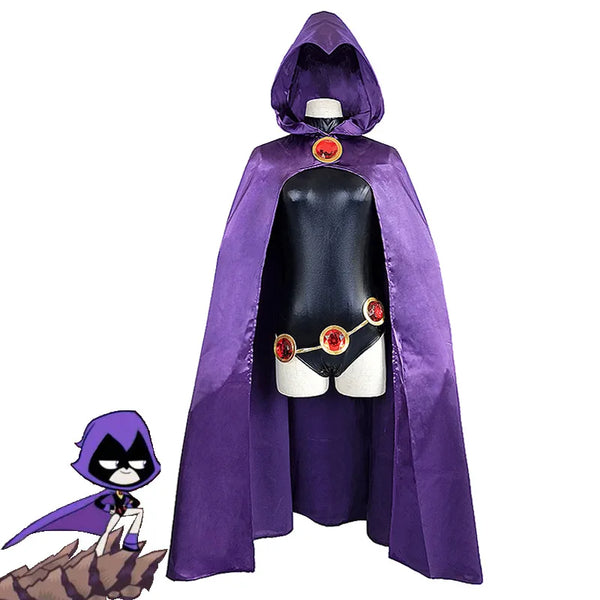 Raven cosplay costume showing the glossy black bodysuit, gold gem belt and purple hooded cloak