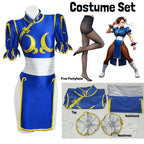 Women's Street Fighter Chun Li Cosplay Costume Game Fighter Chunli Blue Cheongsam with Headdress and Waistband Halloween Costume 8