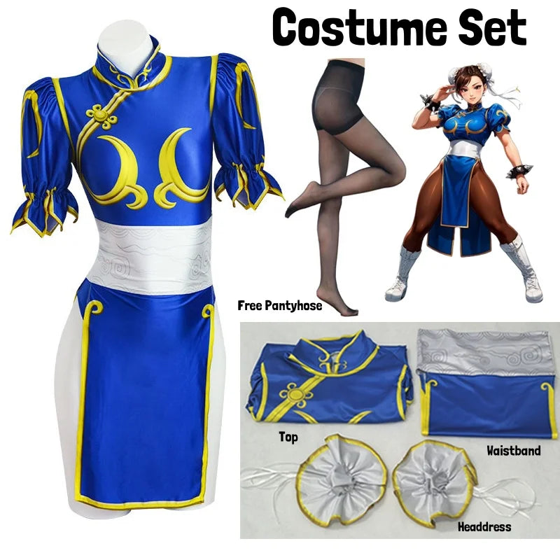 Women's Street Fighter Chun Li Cosplay Costume Game Fighter Chunli Blue Cheongsam with Headdress and Waistband Halloween Costume 8