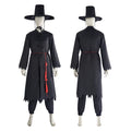 Style 1 red sash Jinu costume on a mannequin, front and back: short jagged-hem robe with braided red sash and tassel