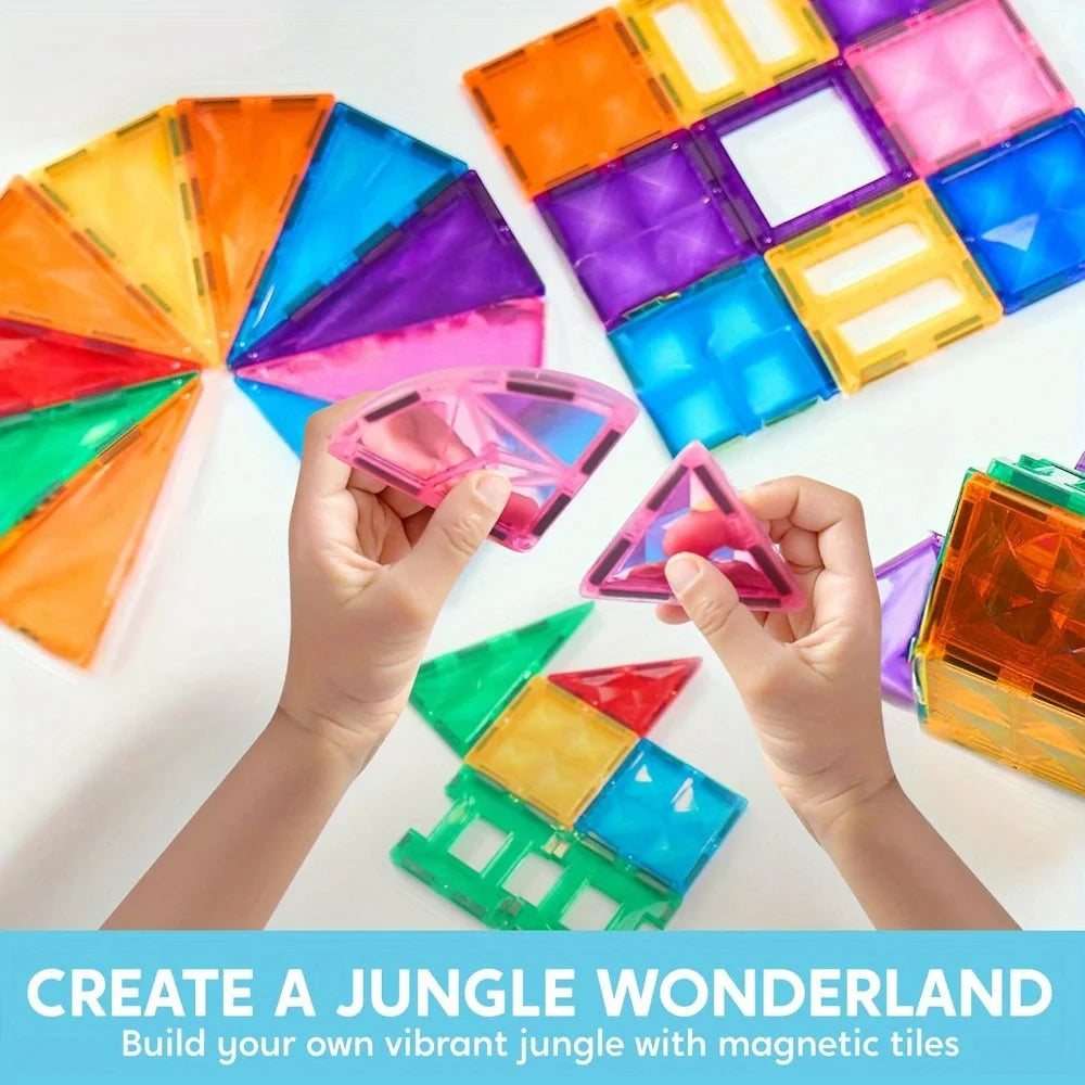 Colorful magnetic building tiles set by For Full Fun, featuring 110, 66, or 50 pieces compatible with Magna-Tiles for creative play.