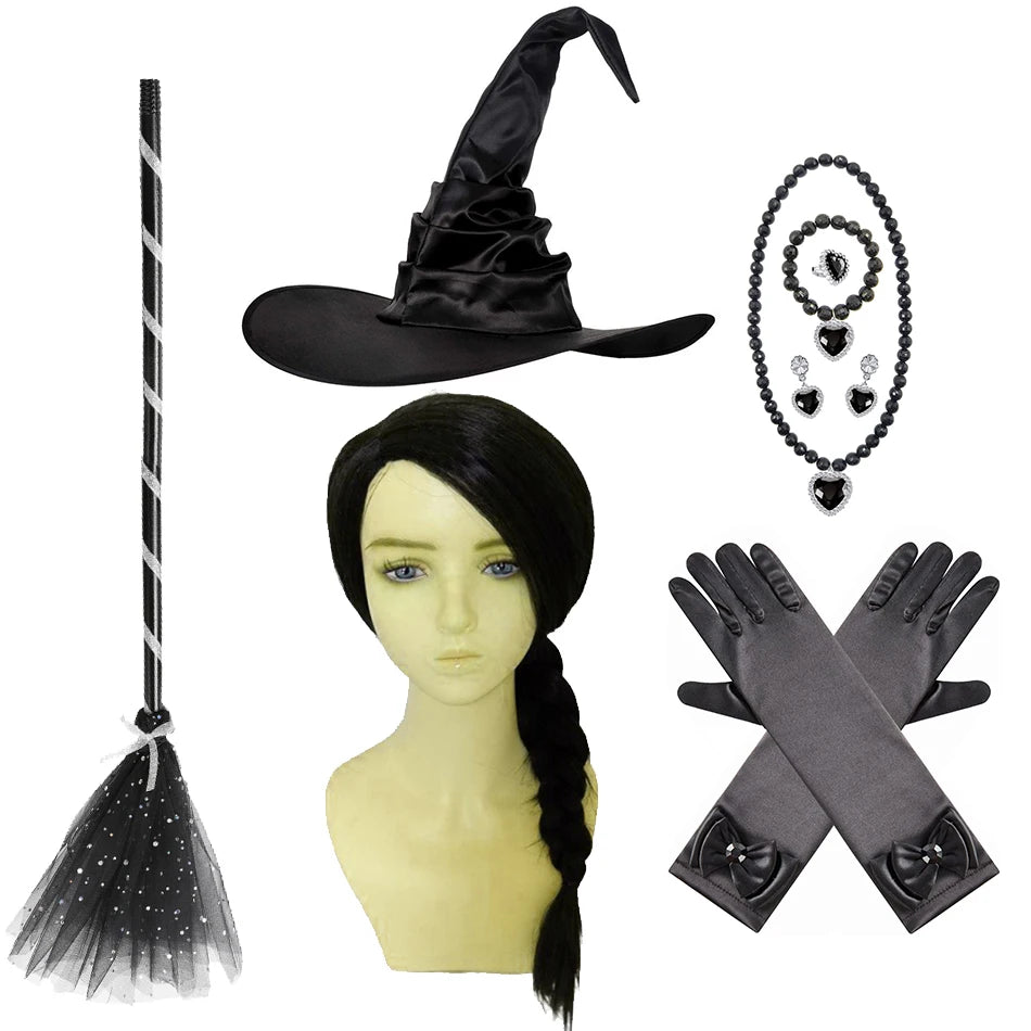 Halloween Witch Elphaba Costume Kids Purim Fantasy Outfits Girls Fancy Sets Children Long Sleeve Lace Ruffles Black Party Gown 9