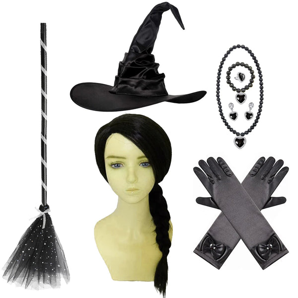 The Elphaba costume accessories: witch hat, broom, braided wig, jewellery set and long gloves