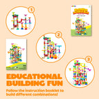 Colorful 236-piece glowing marble run with motorized elevator by For Full Fun, featuring illuminated marbles and intricate track sections.