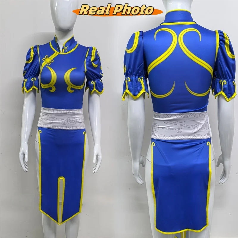 Women's Street Fighter Chun Li Cosplay Costume Game Fighter Chunli Blue Cheongsam with Headdress and Waistband Halloween Costume 4
