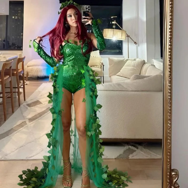 Sexy Halloween Costume Dress Adult Leaf Sequin Dance Dress Mini Skirt V-Neck Sleeveless Polyester Fiber Empire Waistline 2
