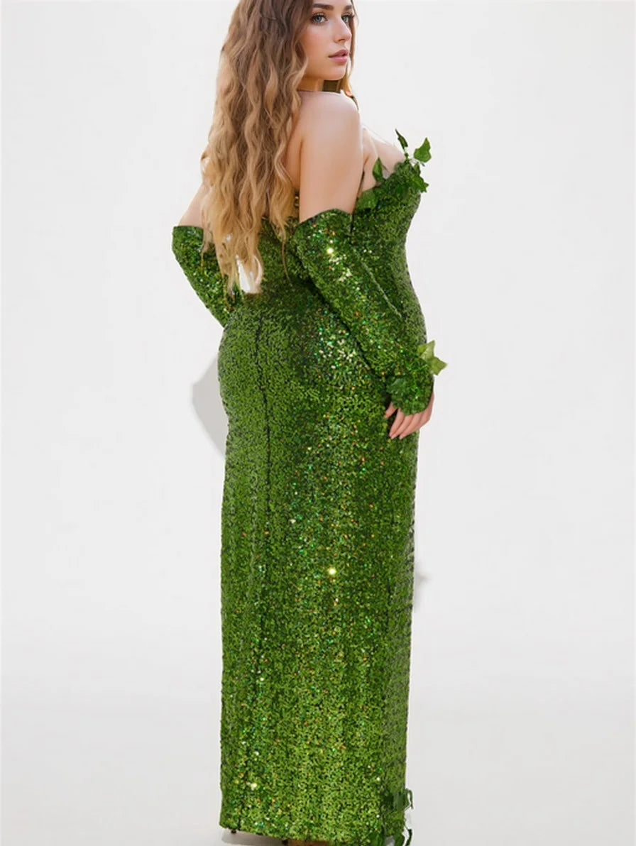 Women's Sexy Halloween Costume Deluxe Green Sequin Ivy Maxi Dress 3 Piece Poisonous Villain Cosplay Costume Set 4