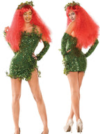 Women Green Ivy Halloween Cosplay Costume Party Deluxe Sleeveless Fake Leaves Strapless Sequin Mini Dress with Gloves Set 1