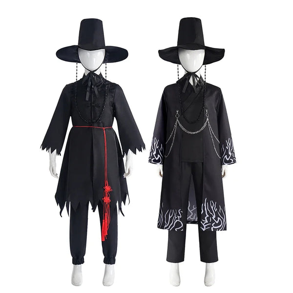 Jinu cosplay costume on a mannequin: flame-printed black coat, trousers, hat and silver chains