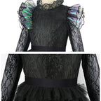 Halloween Witch Elphaba Costume Kids Purim Fantasy Outfits Girls Fancy Sets Children Long Sleeve Lace Ruffles Black Party Gown 5