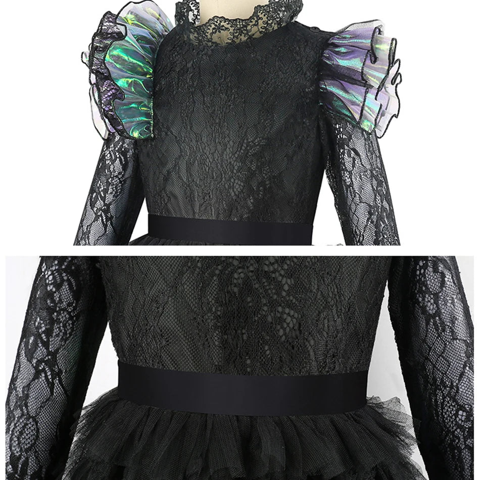 Halloween Witch Elphaba Costume Kids Purim Fantasy Outfits Girls Fancy Sets Children Long Sleeve Lace Ruffles Black Party Gown 5
