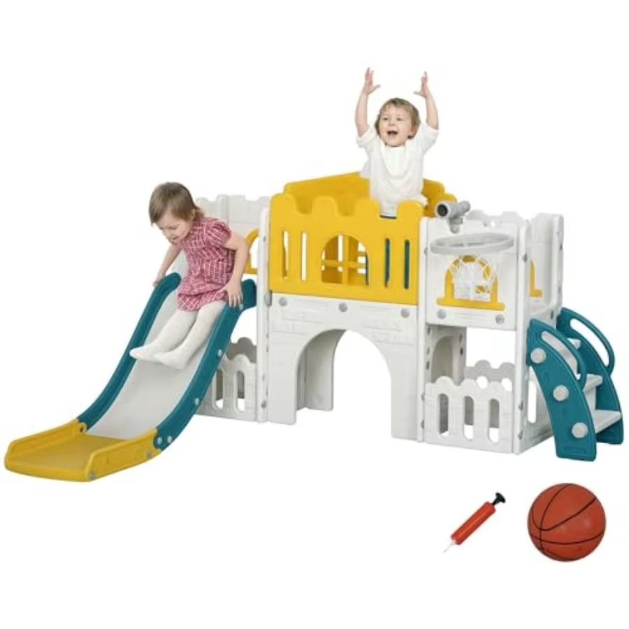 For Full Fun-8-in-1 Toddler Slide and Climber Set | Indoor Outdoor Playset with Basketball Hoop, Tunnel & Toy Storage | Safe HAPE & PP Material for Kids 1-3 (Orange/Green)-Toys & Games > Learning & Education Toys > Early Development & Activity Toys
