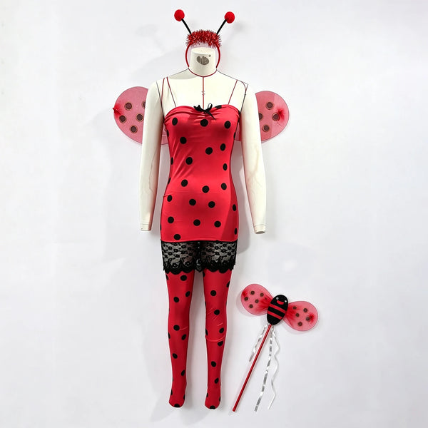 Women Cute Ladybug Halloween Costume Set Polka Dot Spaghetti Strap Mini Dress With Wings Headband Thigh High Socks Cosplay Party 1