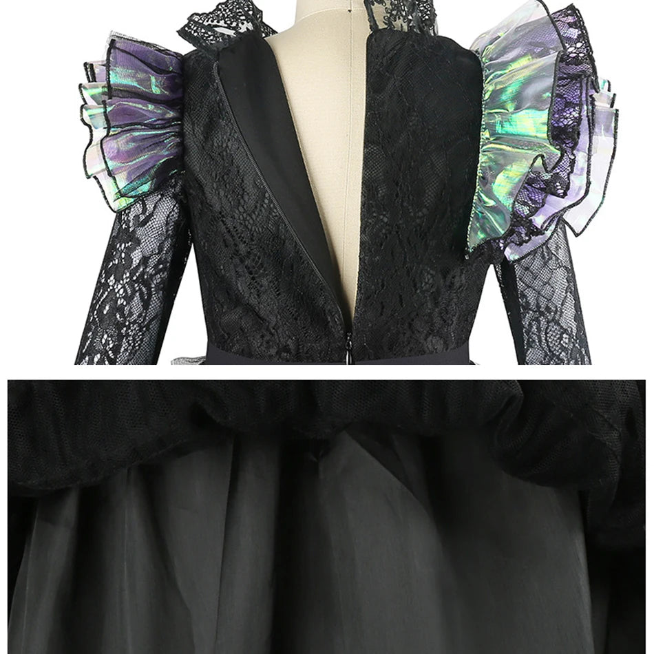 Halloween Witch Elphaba Costume Kids Purim Fantasy Outfits Girls Fancy Sets Children Long Sleeve Lace Ruffles Black Party Gown 6