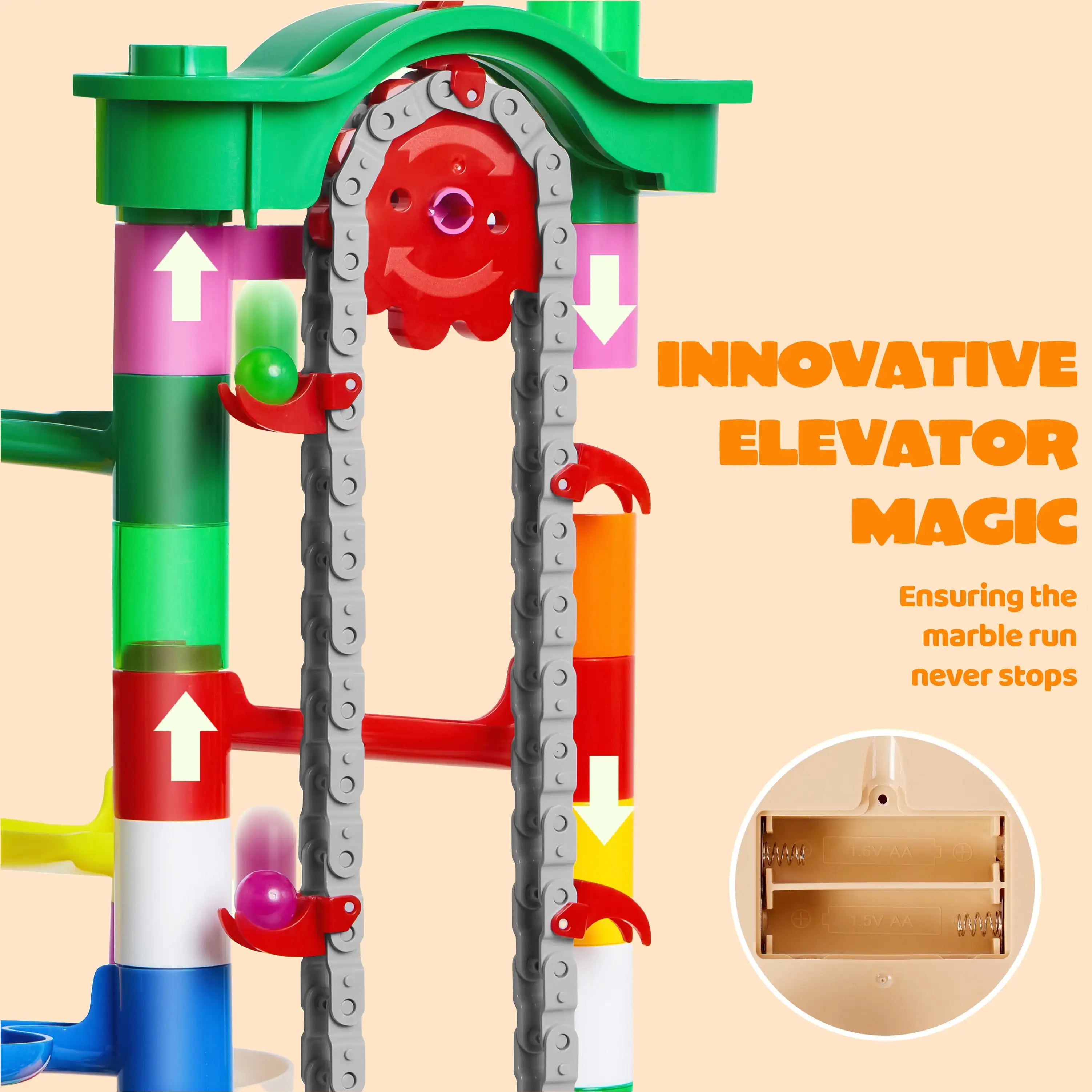 Colorful 236-piece glowing marble run with motorized elevator by For Full Fun, featuring vibrant marbles and dynamic track layout.