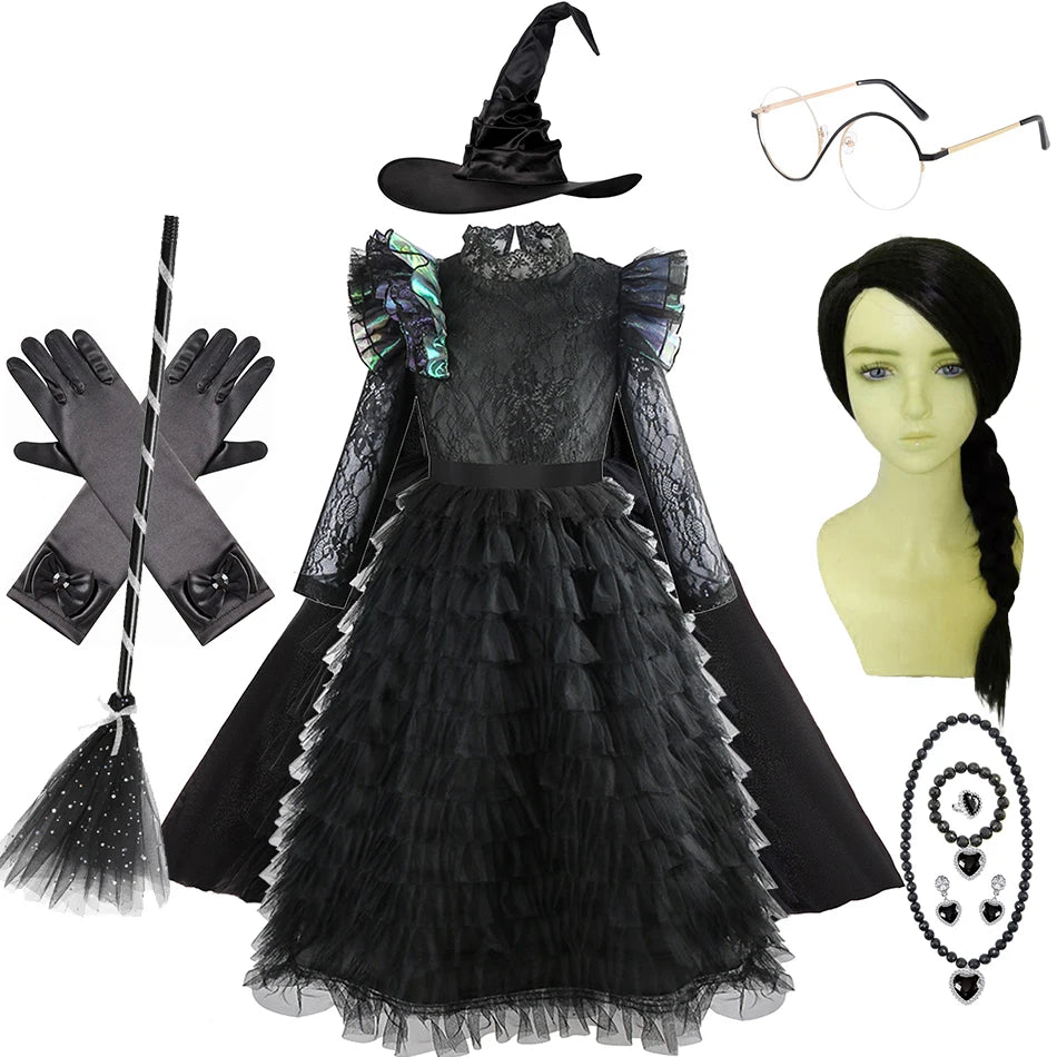 Halloween Witch Elphaba Costume Kids Purim Fantasy Outfits Girls Fancy Sets Children Long Sleeve Lace Ruffles Black Party Gown 1