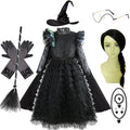 Halloween Witch Elphaba Costume Kids Purim Fantasy Outfits Girls Fancy Sets Children Long Sleeve Lace Ruffles Black Party Gown 1