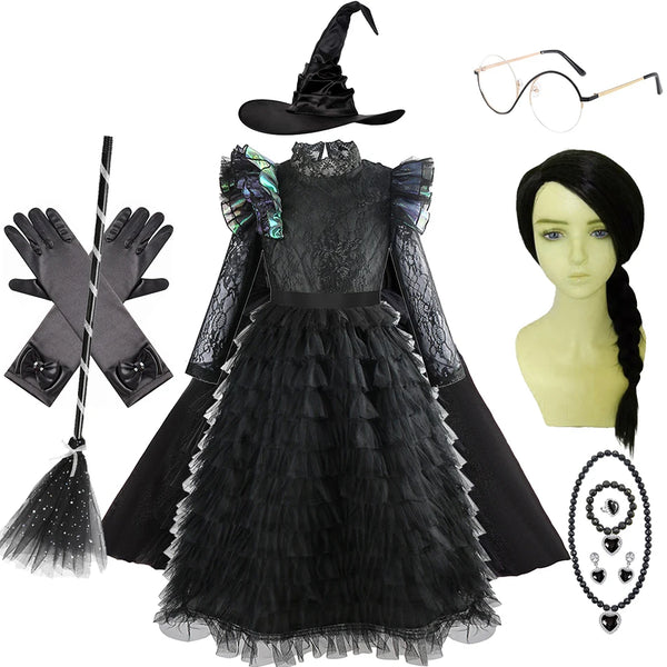Halloween Witch Elphaba Costume Kids Purim Fantasy Outfits Girls Fancy Sets Children Long Sleeve Lace Ruffles Black Party Gown 1