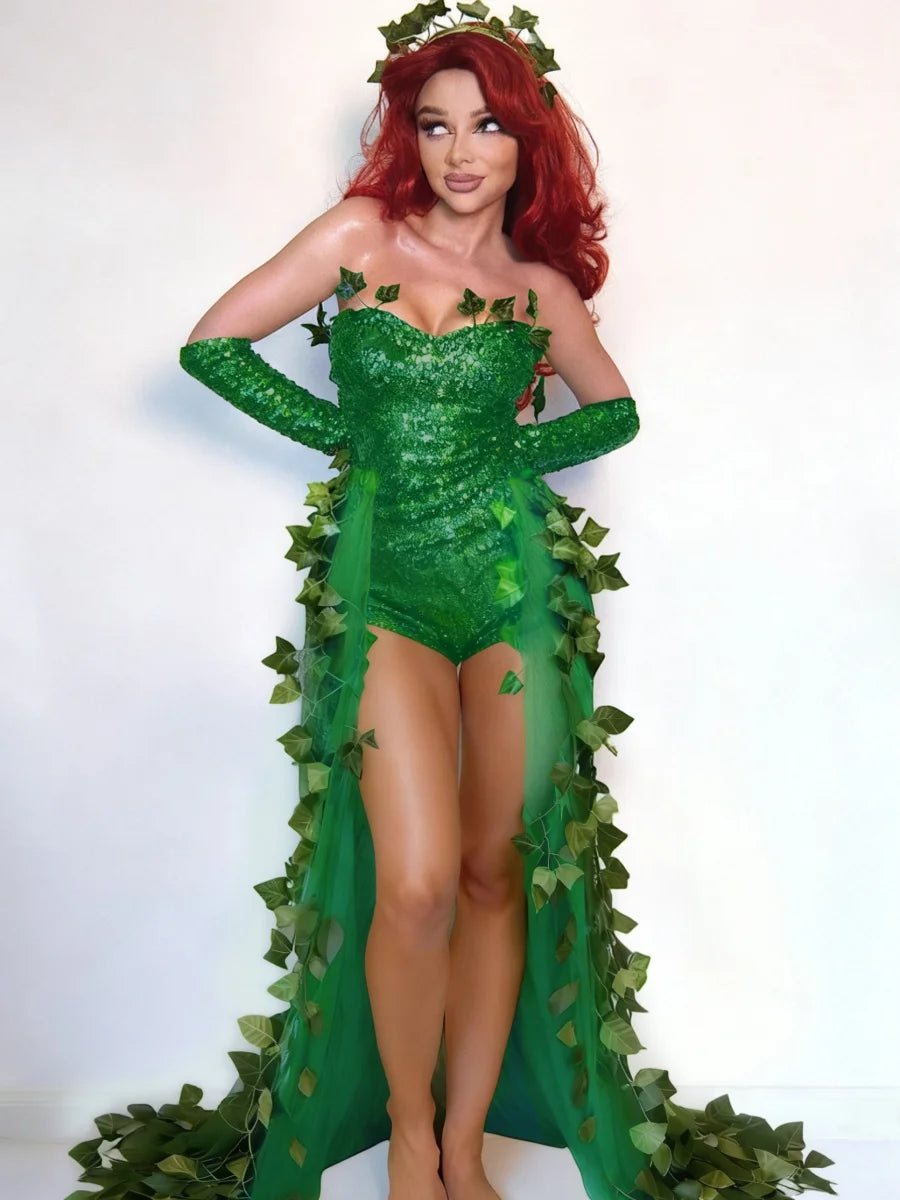 Sexy Halloween Costume Dress Adult Leaf Sequin Dance Dress Mini Skirt V-Neck Sleeveless Polyester Fiber Empire Waistline 1