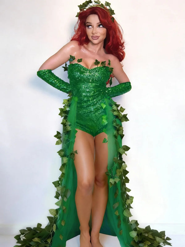 Sexy Halloween Costume Dress Adult Leaf Sequin Dance Dress Mini Skirt V-Neck Sleeveless Polyester Fiber Empire Waistline 1