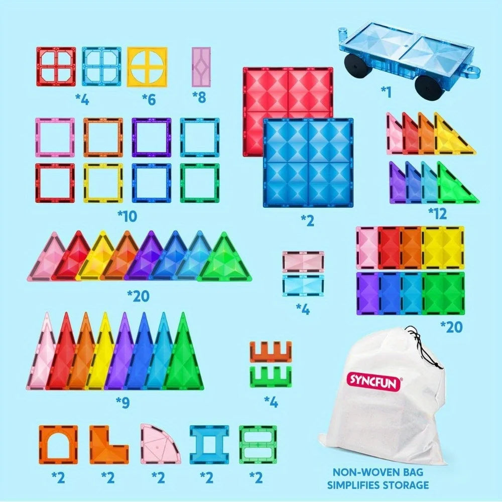 Magnetic building tiles set by For Full Fun, includes 50, 66, or 110 pieces, compatible with Magna-Tiles for creative construction.