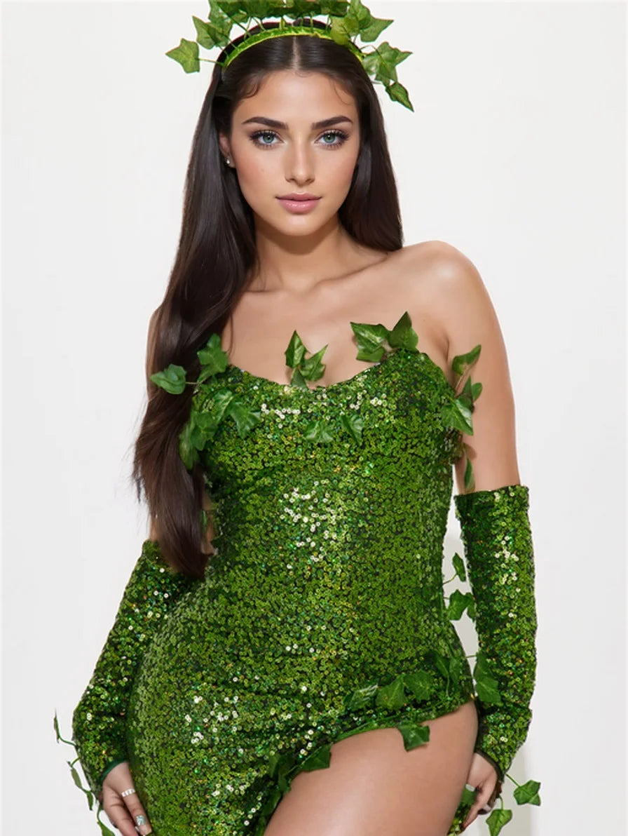 Women's Sexy Halloween Costume Deluxe Green Sequin Ivy Maxi Dress 3 Piece Poisonous Villain Cosplay Costume Set 3