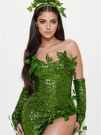 Women's Sexy Halloween Costume Deluxe Green Sequin Ivy Maxi Dress 3 Piece Poisonous Villain Cosplay Costume Set 3
