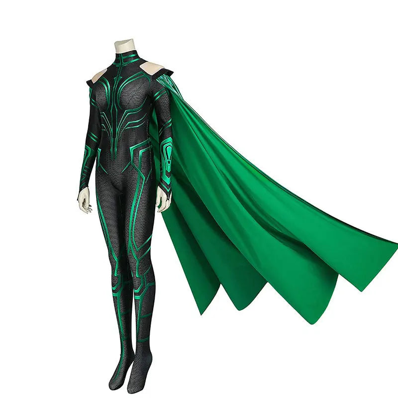 Hela Jumpsuit Cosplay Costume 3D Long Sleeve Green Bodysuit Halloween Masquerade Party Costume for Adult Women 5