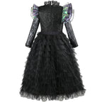 Halloween Witch Elphaba Costume Kids Purim Fantasy Outfits Girls Fancy Sets Children Long Sleeve Lace Ruffles Black Party Gown 3