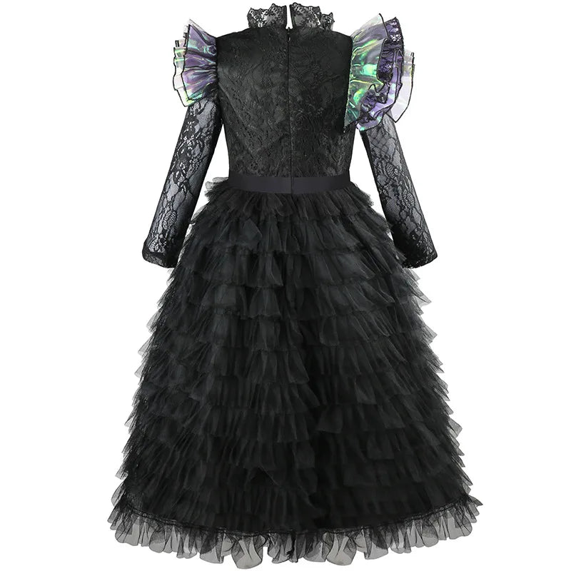Halloween Witch Elphaba Costume Kids Purim Fantasy Outfits Girls Fancy Sets Children Long Sleeve Lace Ruffles Black Party Gown 3
