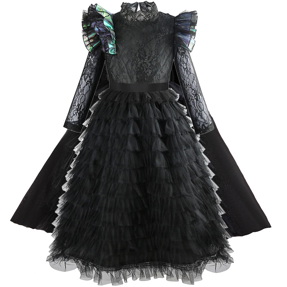 Halloween Witch Elphaba Costume Kids Purim Fantasy Outfits Girls Fancy Sets Children Long Sleeve Lace Ruffles Black Party Gown 2