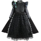 Halloween Witch Elphaba Costume Kids Purim Fantasy Outfits Girls Fancy Sets Children Long Sleeve Lace Ruffles Black Party Gown 2