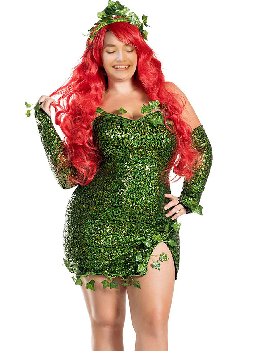 Women Green Ivy Halloween Cosplay Costume Party Deluxe Sleeveless Fake Leaves Strapless Sequin Mini Dress with Gloves Set 2