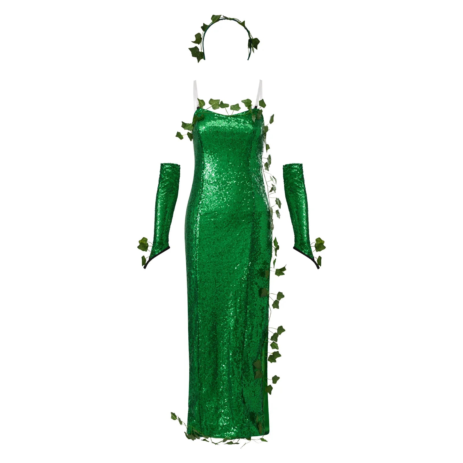 Women's Sexy Halloween Costume Deluxe Green Sequin Ivy Maxi Dress 3 Piece Poisonous Villain Cosplay Costume Set 6